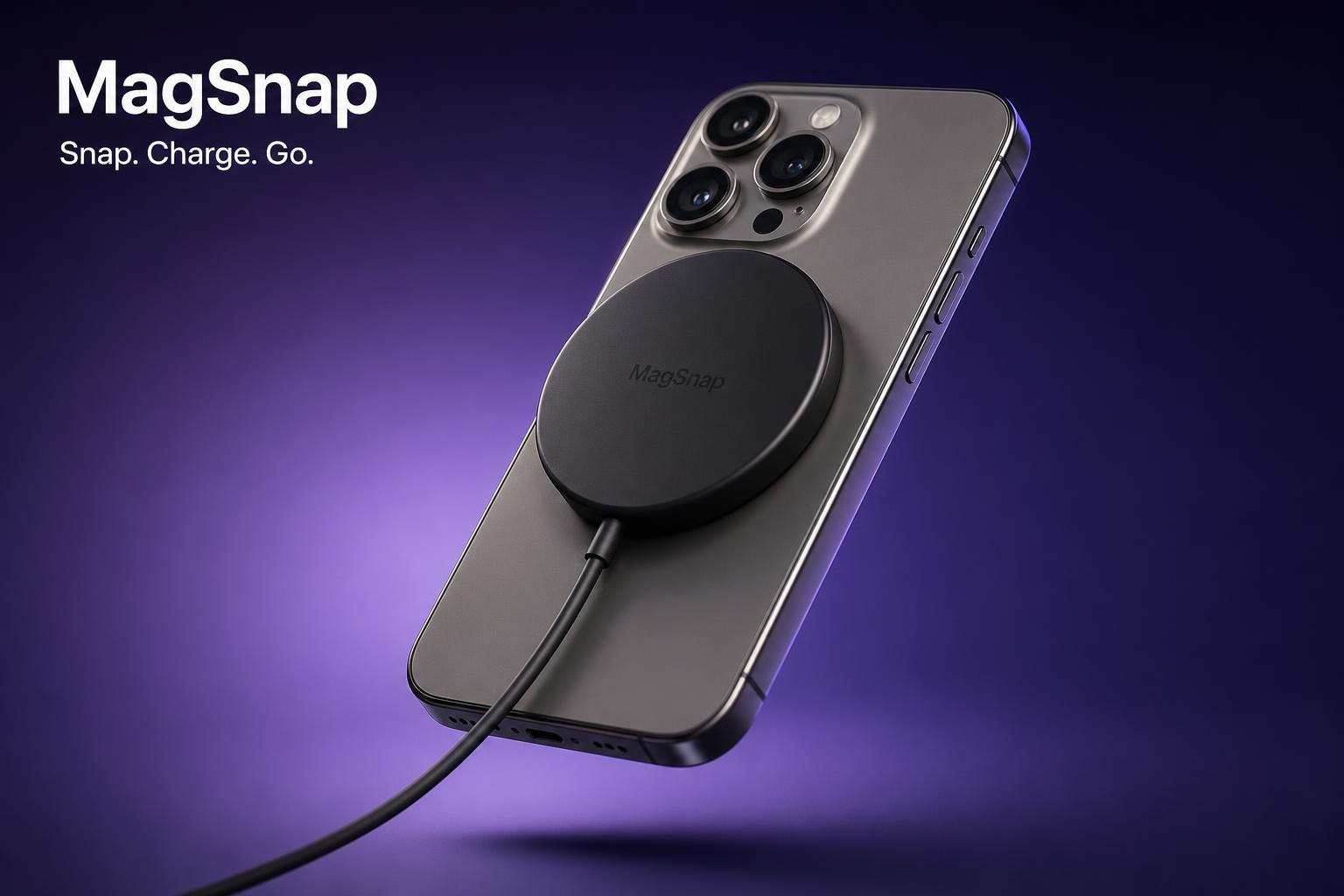 MagSnap MagSafe charger snapping onto an iPhone — stronger magnetic hold, faster charging, travel ready